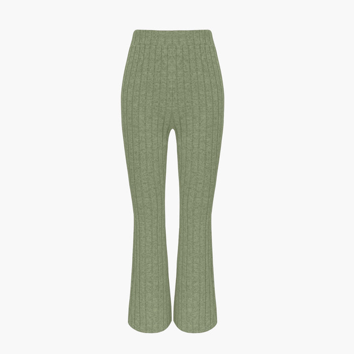 Damen Gerippter Strick-Zweiteiler mit Cropped Reißverschluss-Cardigan und High‑Waist Schlaghose – Élanora