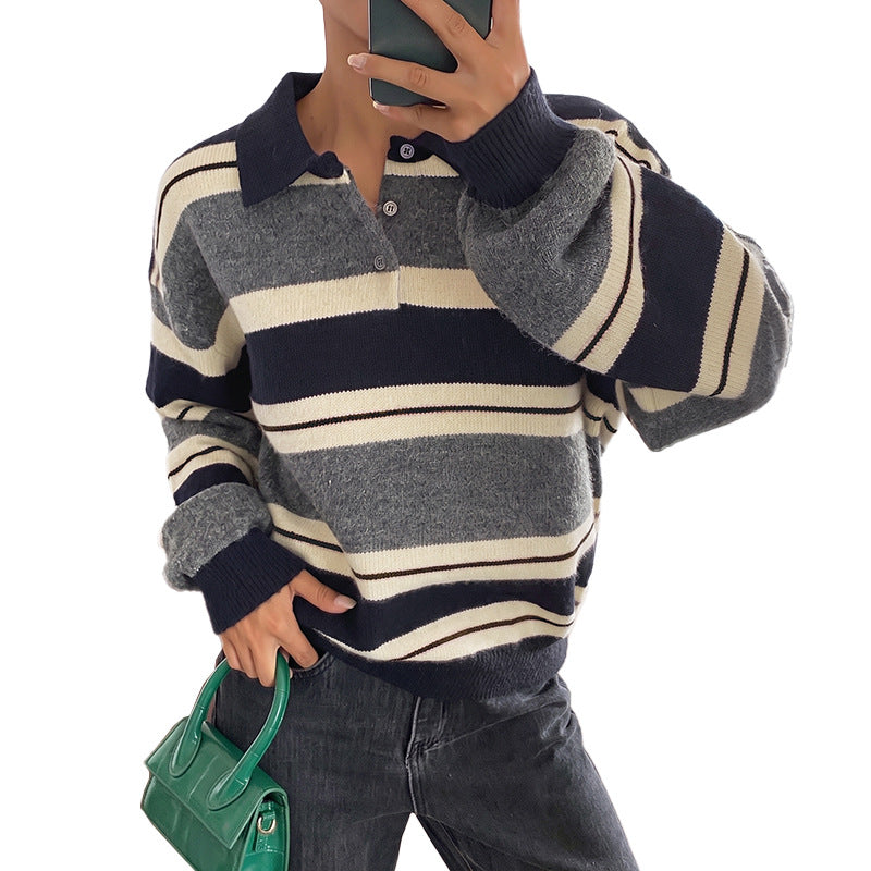 Damen Oversize-Strickpullover mit Polokragen, Streifenmuster und Knopfblende – Mavelle