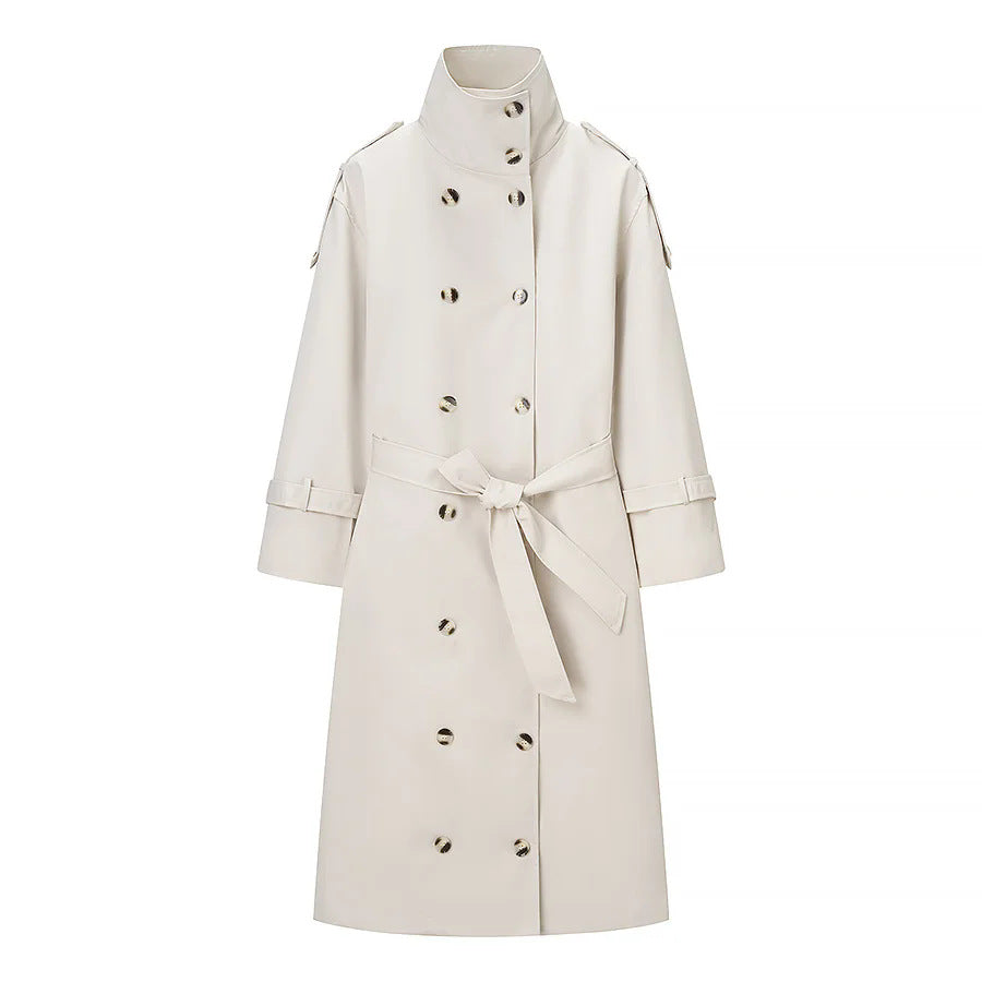 Damen längerer zweireihiger Trenchcoat mit hohem Stehkragen und Bindegürtel – Montévia