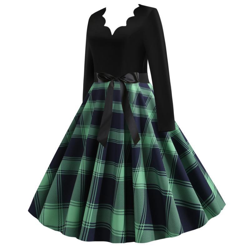 Damen Retro‑Swingkleid mit gezacktem Herzausschnitt, tailliertem Langarmoberteil und karierter Tellerrock – Élara