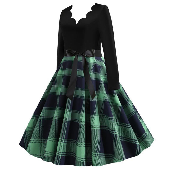 Damen Retro‑Swingkleid mit gezacktem Herzausschnitt, tailliertem Langarmoberteil und karierter Tellerrock – Élara