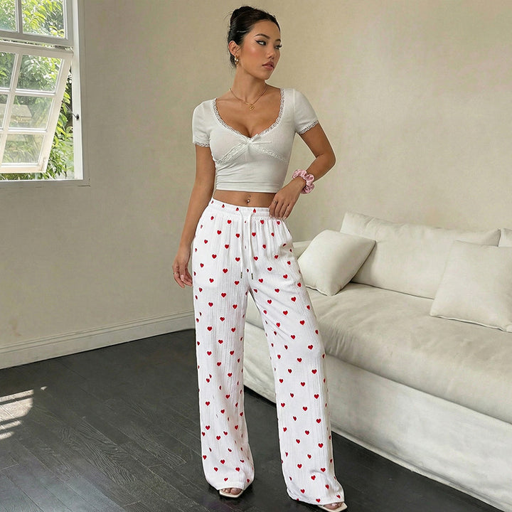 Damen Lässige Weite Hose mit Herzmuster Echo Archiv