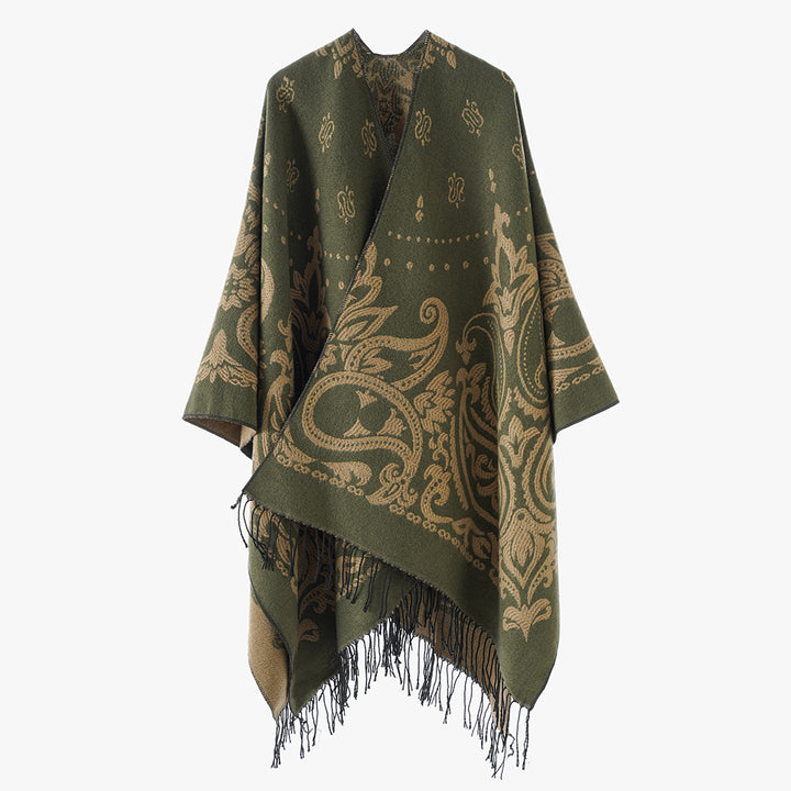 Damen Opulenter Jacquard‑Poncho im Kaftan‑Stil mit Fransen und Paisley‑Relief Echo Archiv