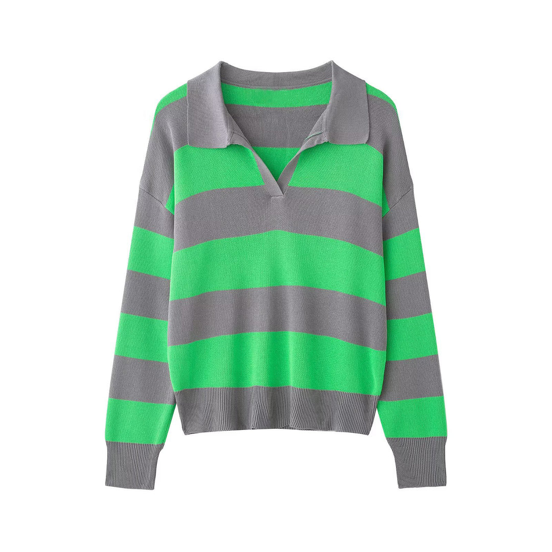 Damen Gestreifter Rugby-Polo-Pullover mit V-Notch und Cropped-Saum Echo Archiv