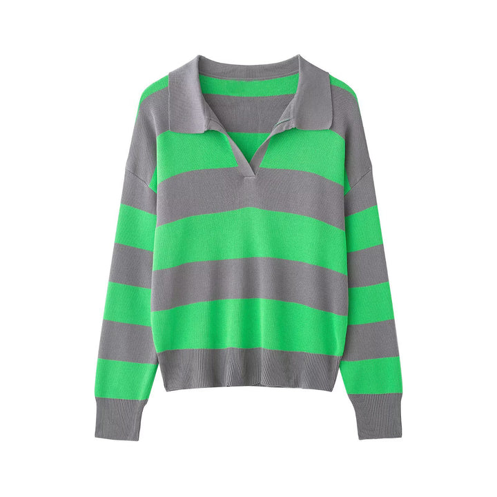 Damen Gestreifter Rugby-Polo-Pullover mit V-Notch und Cropped-Saum Echo Archiv