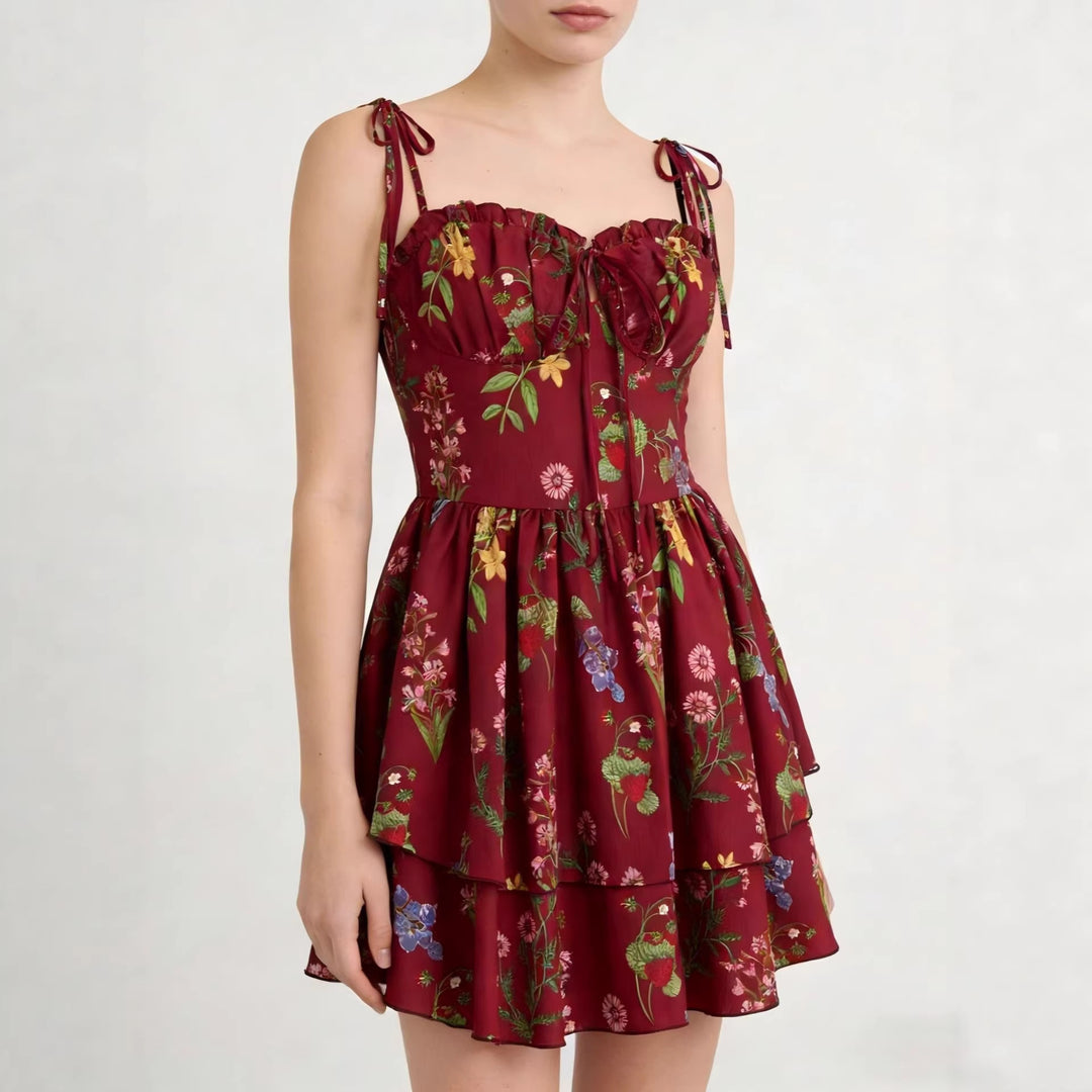 Damen Minikleid mit Blumenmuster und bordeauxfarbenem Unterrock Echo Archiv