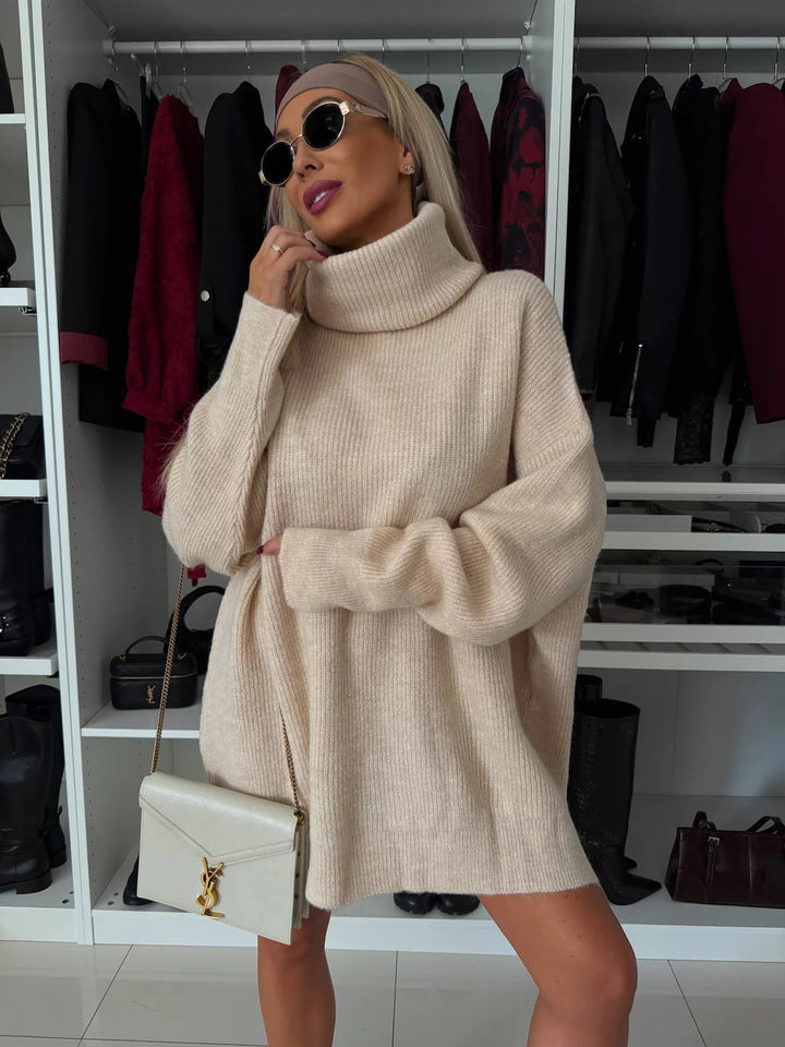 Damen Lässiges Oversized Strick-Minikleid mit hohem Rollkragen und Ballonärmeln – Élara