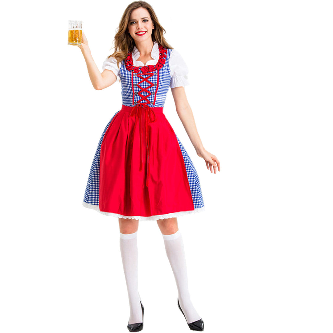 Damen nan Karo-Dirndl mit geschnürter Miederfront, Rüschenkragen und taillierter Schürze Echo Archiv