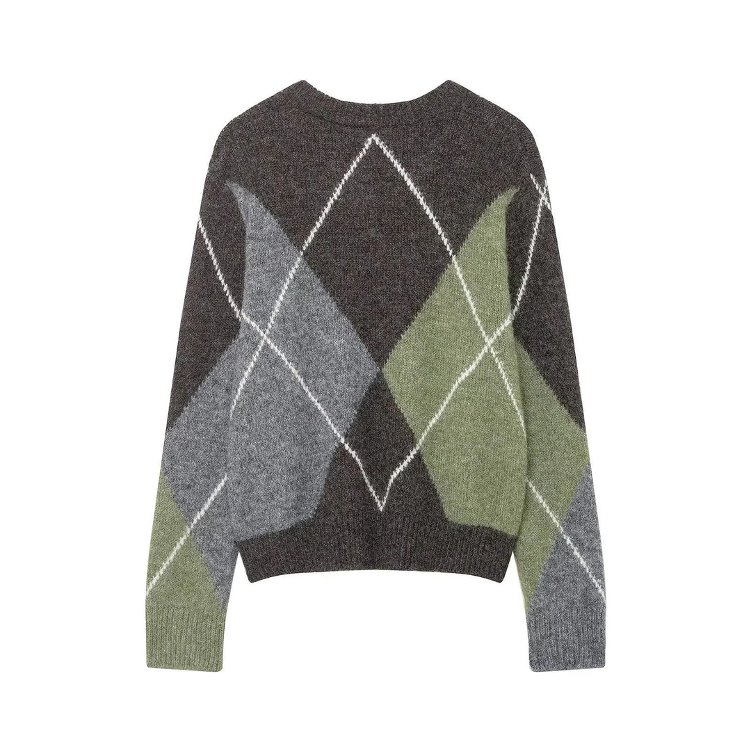 Damen nan großkaro Strickpullover mit Rundhals, oversized Passform und geripptem Saum Echo Archiv