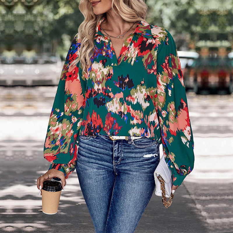 Damen Chiffonbluse mit weitem Ballonärmel, V-Ausschnitt und abstraktem Allover-Print Echoarchiv