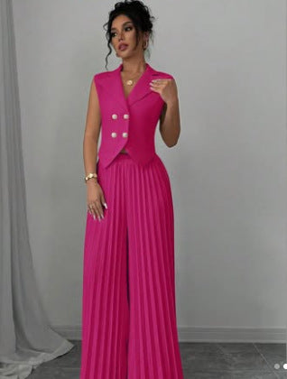 Damen Ärmelloses Weste-Blazer-Top mit Revers und plissierter Palazzo-Hose Zweiteiliges Abendset – Valéne