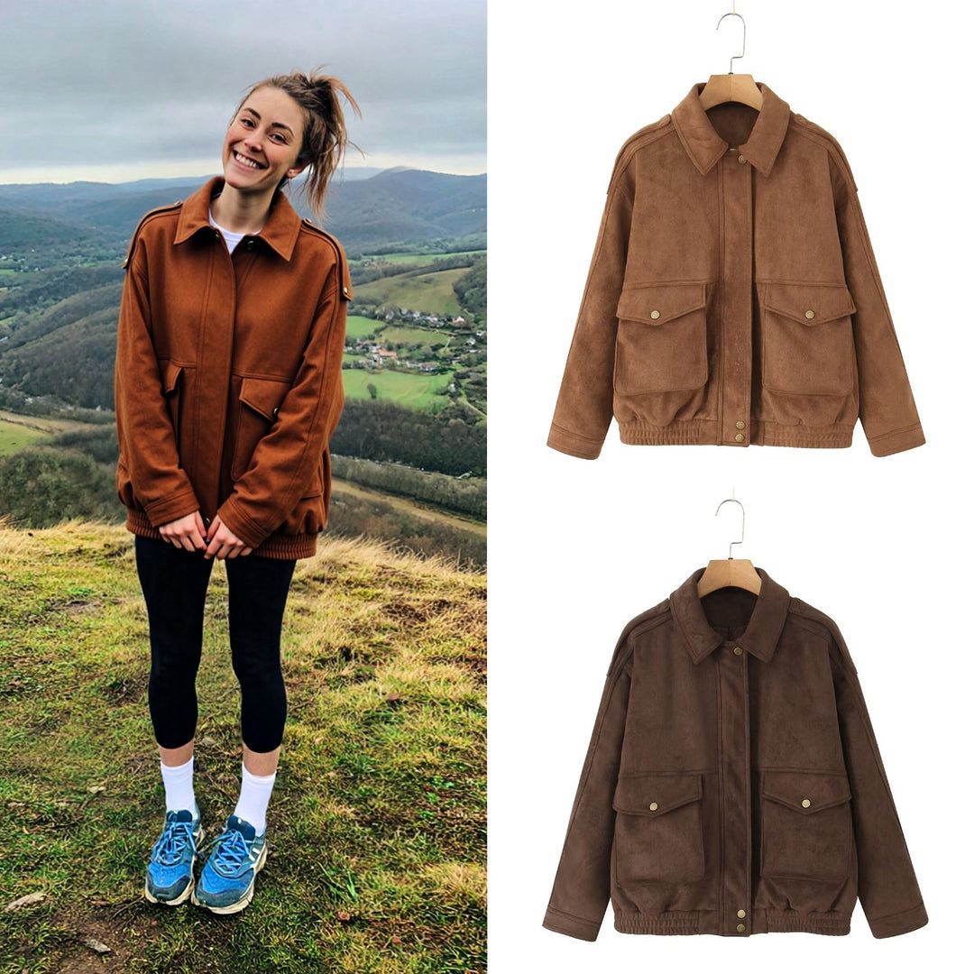 Damen Oversize Wildlederoptik-Bomberjacke mit Pattentaschen und elastischem Saum Echo Archiv
