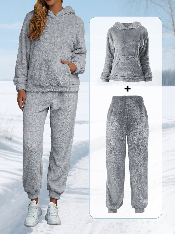 Damen Kuscheliges Teddy-Fleece Lounge-Set mit Kapuze und Kängurutasche – Auréline