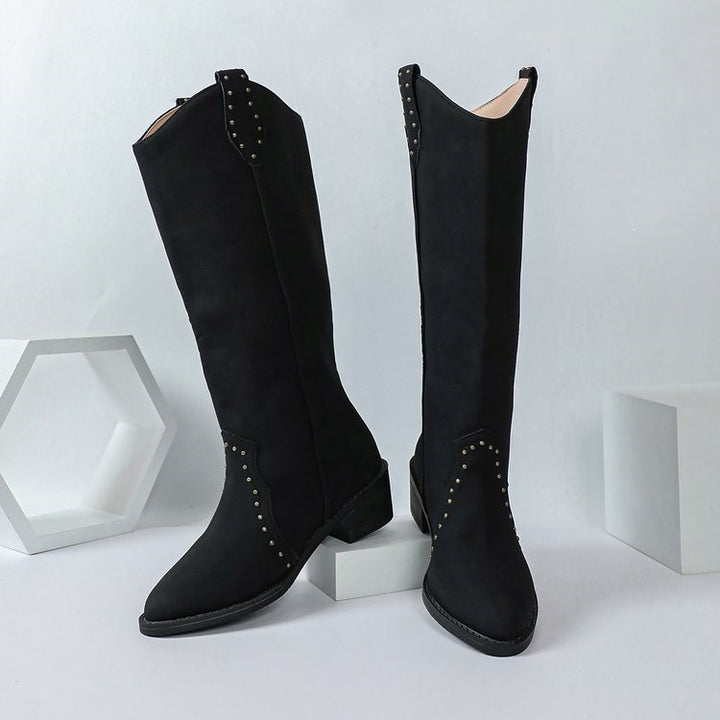 Damen kniehohe Veloursleder-Stiefel mit dekorativer Lochstanzung und mittlerem Blockabsatz Echoarchiv