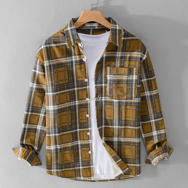 Herren Karierter Flanell-Overshirt im Vintage‑Look mit aufgesetzter Brusttasche und gerundetem Saum Echoarchiv