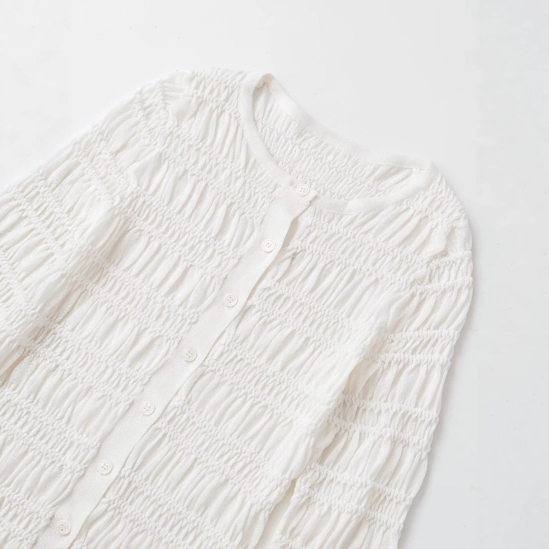 Damen Gesmoktes Feinstrick-Cardigan mit Rüschenabschluss und Knopfleiste Echo Archiv