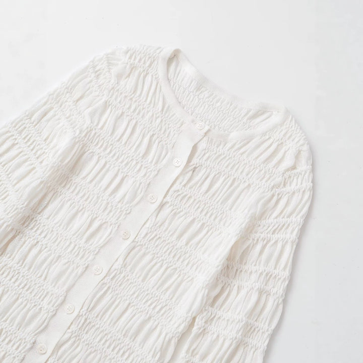 Damen Gesmoktes Feinstrick-Cardigan mit Rüschenabschluss und Knopfleiste Echo Archiv