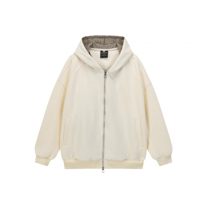 Unisex Oversize Kapuzen-Sweatjacke mit Karofutter, durchgehendem Reißverschluss und geripptem Saum Echo Archiv