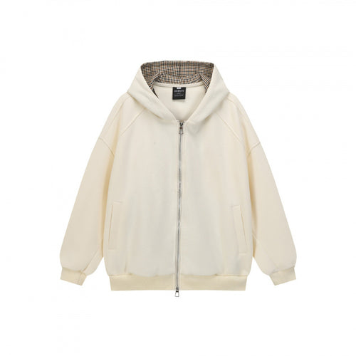 Unisex Oversize Kapuzen-Sweatjacke mit Karofutter, durchgehendem Reißverschluss und geripptem Saum Echo Archiv