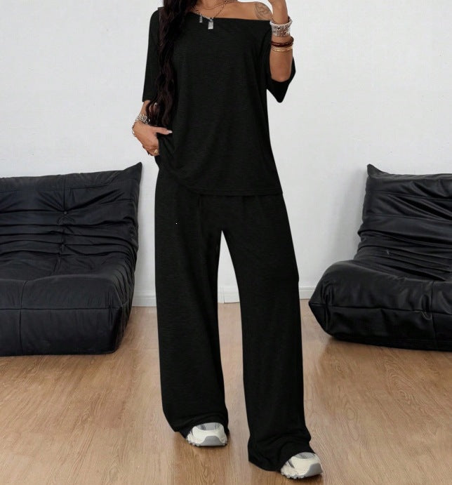 Damen Lässiges Lounge-Set aus weichem Jersey mit weiter Palazzohose und schulterfreiem Oversize-Top – Élanora