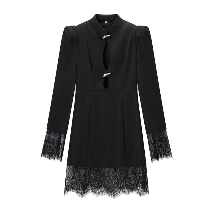 Damen Midikleid mit Stehkragen, Cut-Out‑Front, goldenen Zierverschlüssen und Spitzenbesatz Echo Archiv