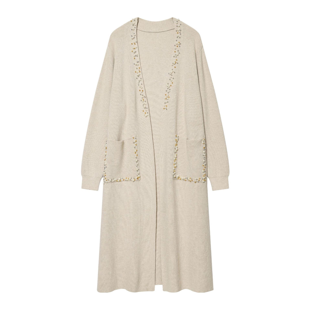 Damen langer Strickcardigan mit Perlenbesatz und aufgesetzten Taschen Echo Archiv