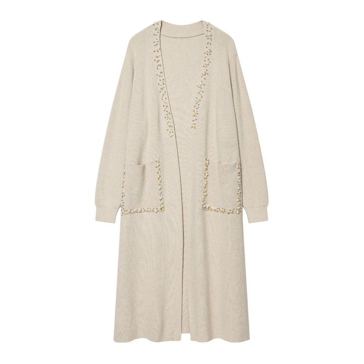 Damen langer Strickcardigan mit Perlenbesatz und aufgesetzten Taschen Echo Archiv