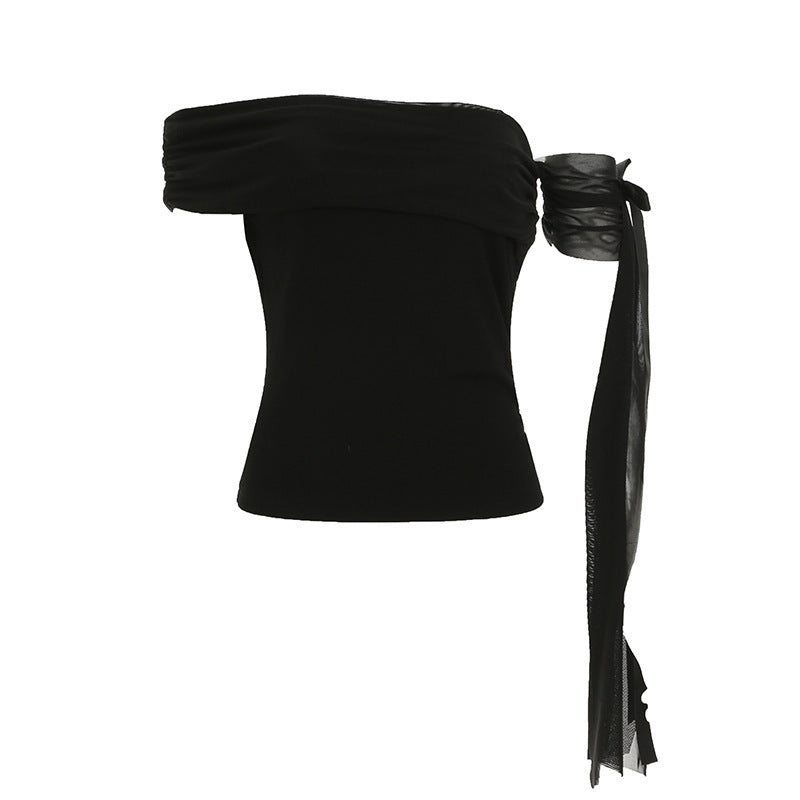 Damen Off-Shoulder Oberteil mit Rüschendetails und transparentem Ärmel Echo Archiv