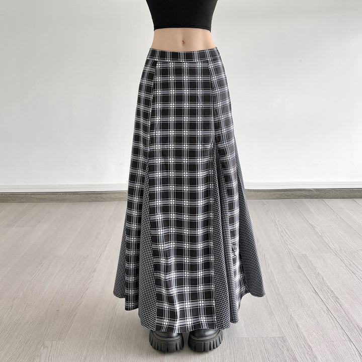 Damen Maxirock mit taillierter Passform, kontrastierenden Karopaneelen und ausgestellter Godet-Silhouette – Rosévia