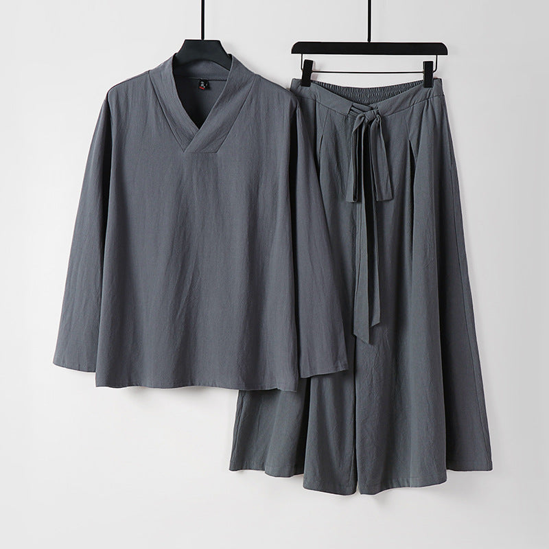 Damen Leichtes Leinen-Baumwoll Loungewear-Set mit V-Ausschnitt, weitem Midirock und Bindegürtel Echoarchiv