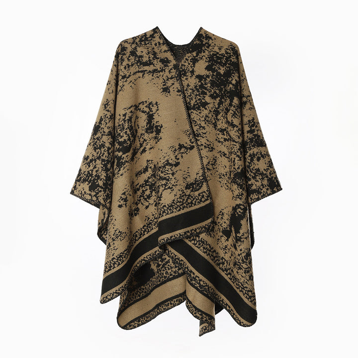 Damen Jacquard‑Überwurfponcho mit offener Front, kastiger Silhouette und fein gekettelter Saumkante – Avérine