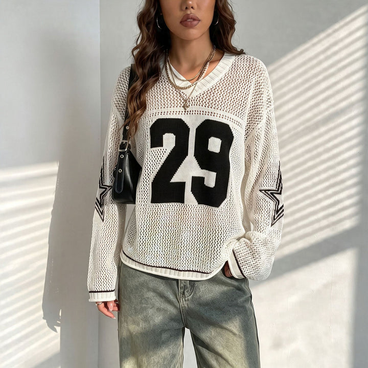 Damen Oversize Netz-Strick Cropped Pullover mit V-Ausschnitt Echoarchiv