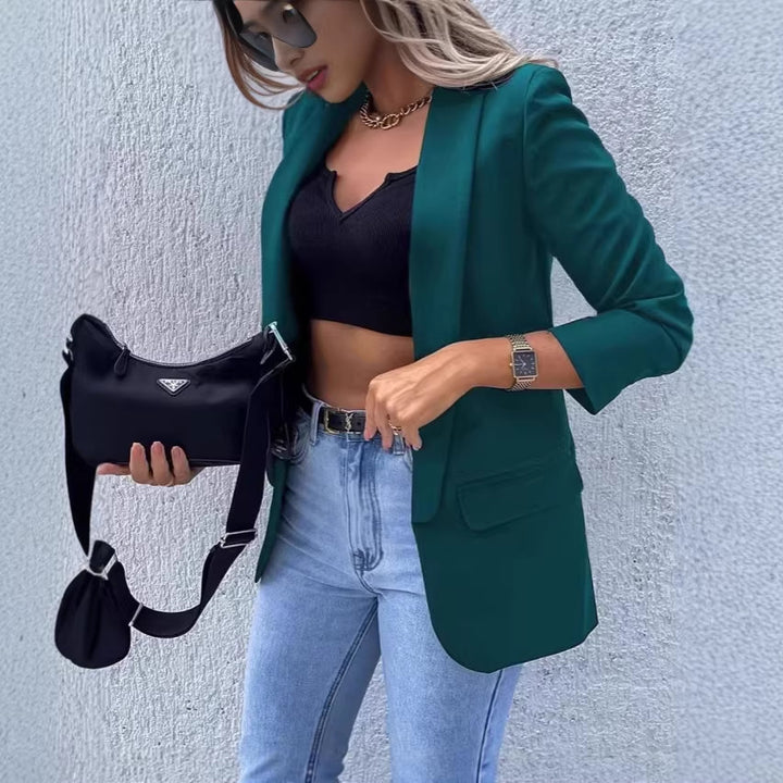 Damen Kariierter Longblazer mit legerer Passform, aufgesetzten Taschen und Dreiviertelärmeln – Célinea