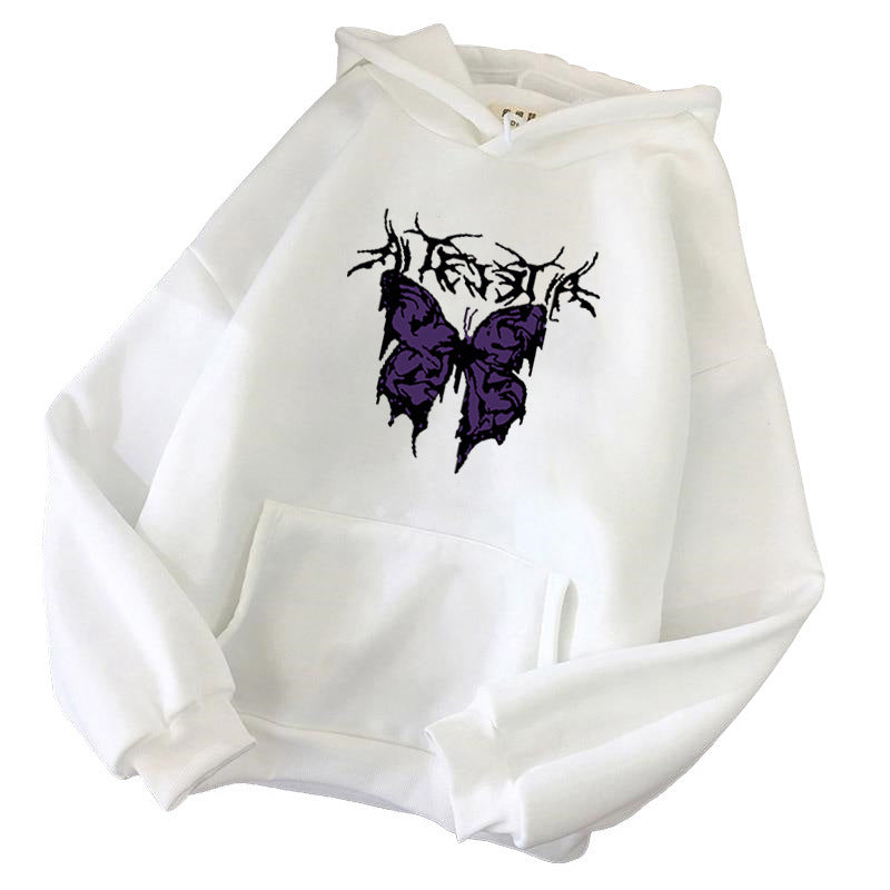 Damen Oversize-Kapuzenpullover mit gothischer Schmetterlings-Illustration und Kängurutasche – Auréline