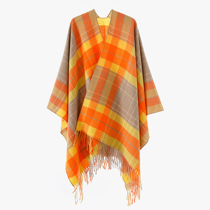 Damen Oversize-Kimono-Capeponcho im Karomuster mit Fransensaum Echo Archiv