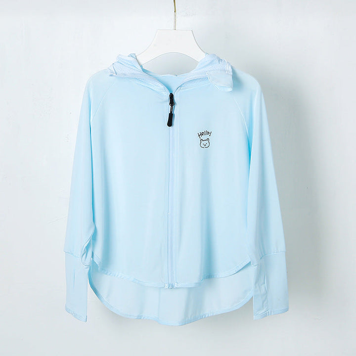 Damen nan leichte Kapuzen-Sonnenschutzjacke mit durchgehendem Reißverschluss, hohem Rückensaum und niedlichem Bärenprint  Echo Archiv
