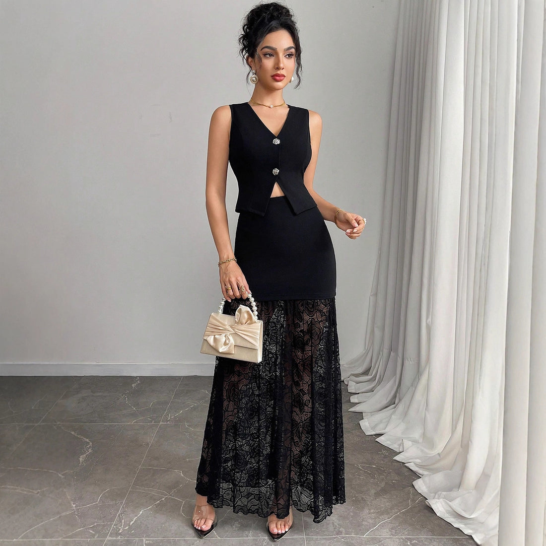 Damen zweiteiliges Abend-Set mit taillierter Weste und bodenlangem Spitzen-Overlay-Rock – Élanora