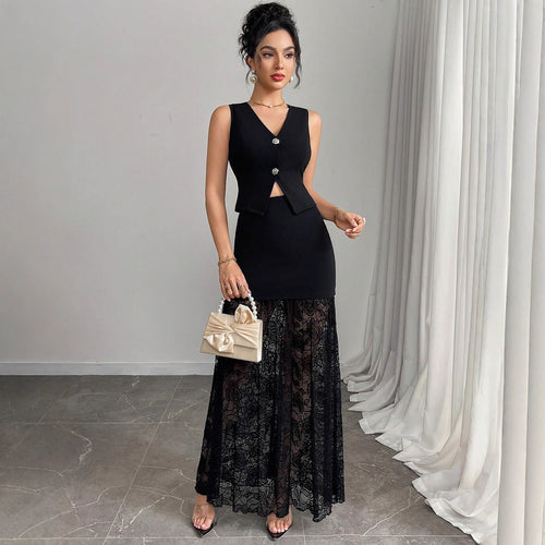 Damen nan zweiteiliges Abend-Set mit taillierter Weste und bodenlangem Spitzen-Overlay-Rock Echo Archiv