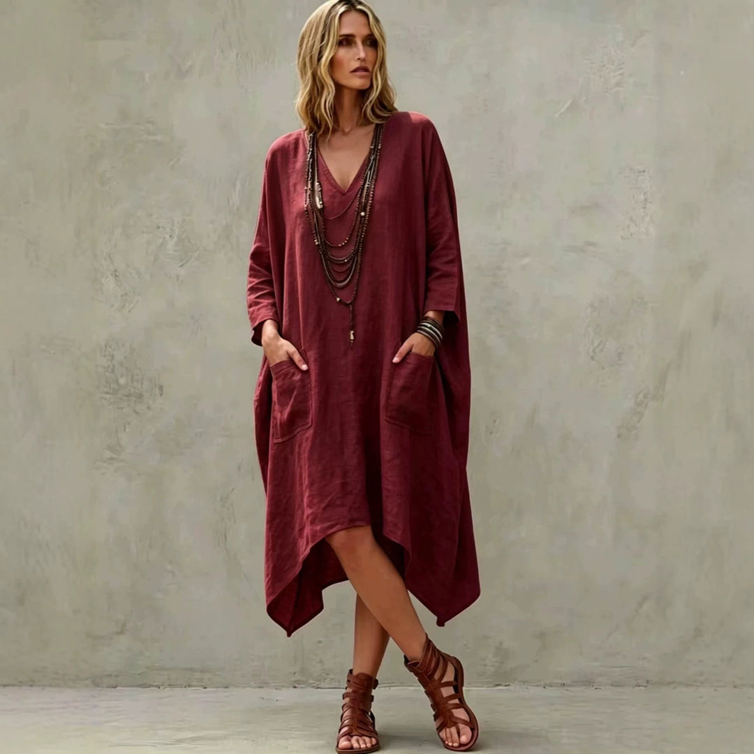 Damen nan Oversize Kaftankleid mit V-Ausschnitt, Eingrifftaschen und asymmetrischem Saum Echo Archiv