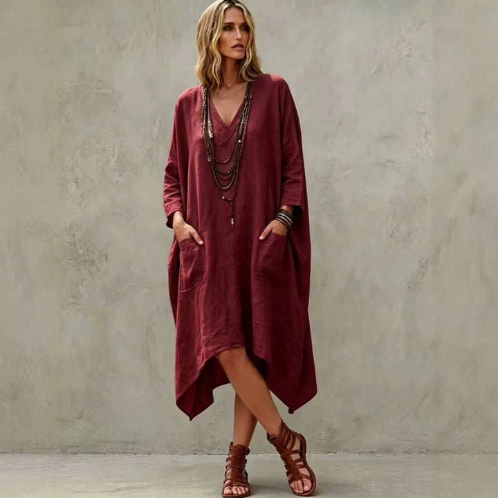 Damen nan Oversize Kaftankleid mit V-Ausschnitt, Eingrifftaschen und asymmetrischem Saum Echo Archiv