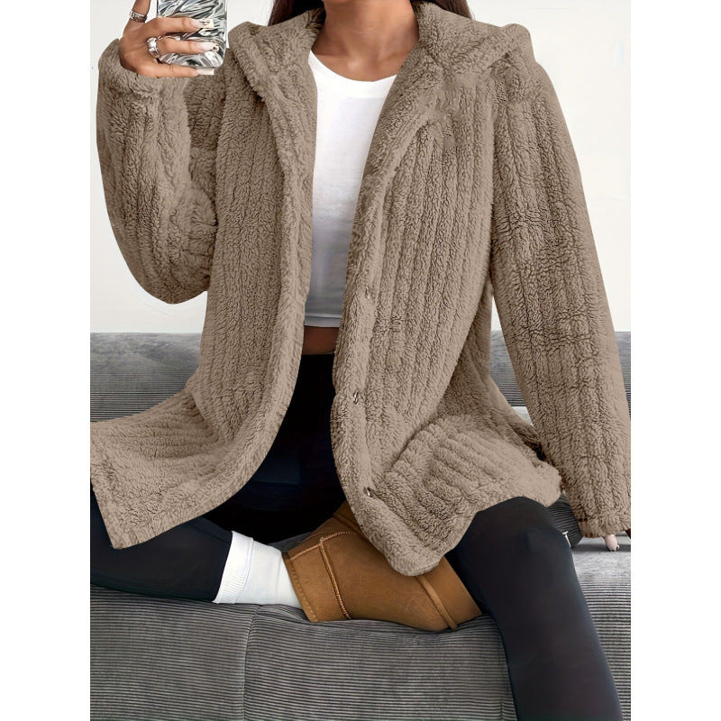 Damen Kapuzen-Teddy-Mantel mit Knopfleiste und Oversize-Schnitt Echo Archiv