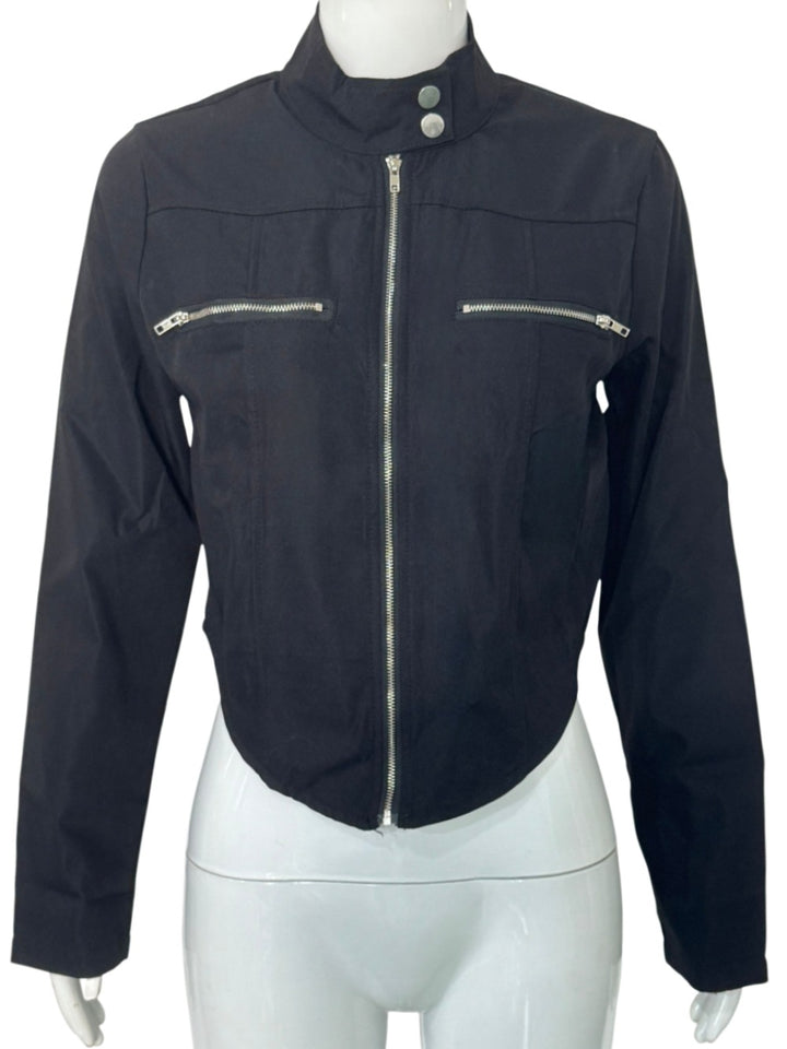 Damen Taillierte Bonded-Canvas-Bikerjacke mit Stehkragen und Brust-Reißverschlüssen Echoarchiv