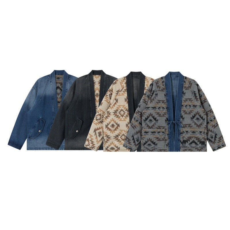 Unisex Jeans-Kimonojacke mit Bindegürtel und gemusterter Futterung Echoarchiv