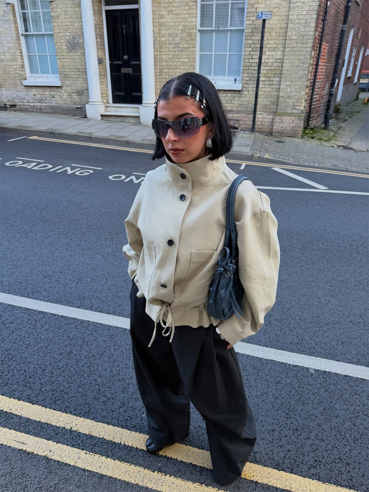 Damen Kurzgeschnittener Oversize-Canvas-Blouson mit Stehkragen Echoarchiv