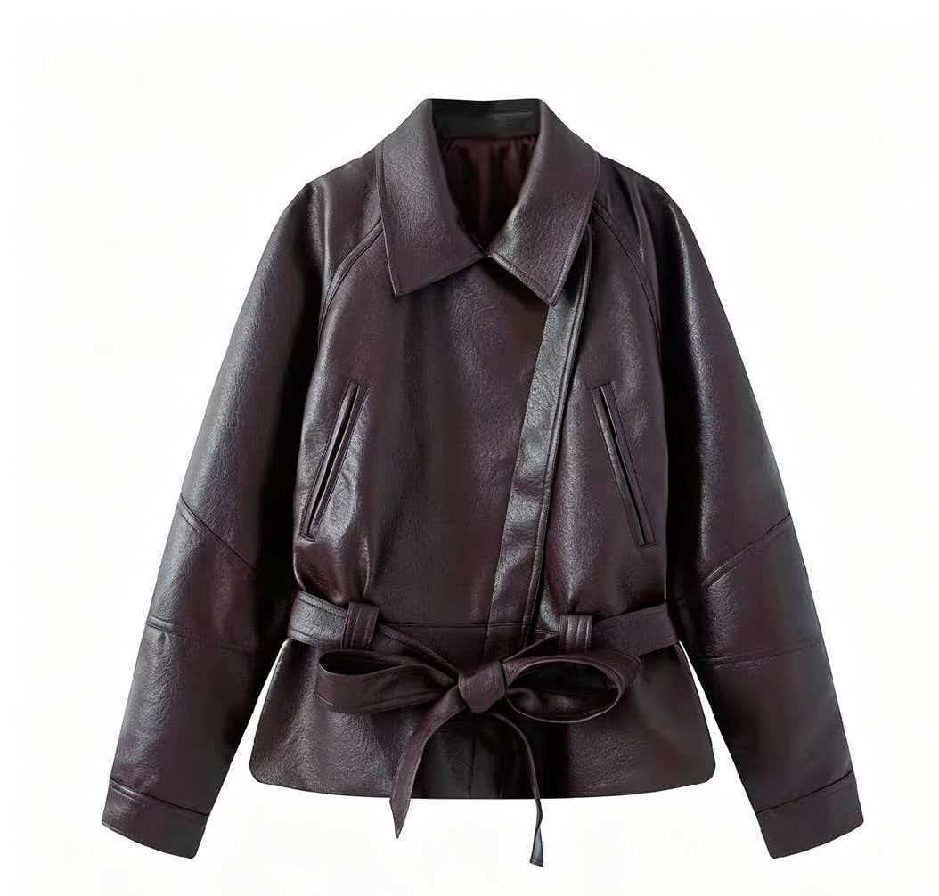 Damen Kurzjacke aus Kunstleder mit Taillengürtel und Hemdkragen Echo Archiv