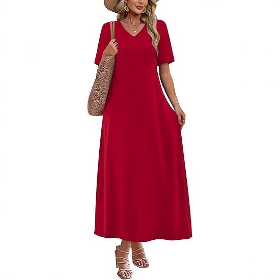 Damen Langes A-Linien-Maxikleid mit V-Ausschnitt, Kurzarm und Eingrifftaschen Echoarchiv