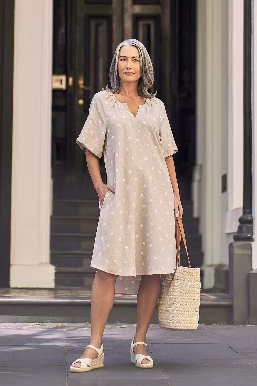 Damen nan lockeres A-Linien Leinenoptik-Kleid mit V-Ausschnitt, geraffter Schulterpartie und Eingrifftaschen Echo Archiv