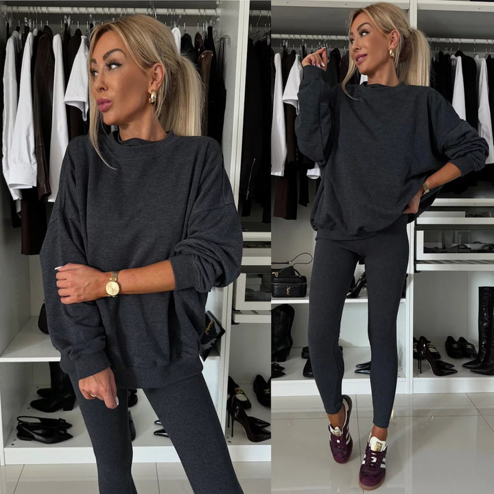 Damen zweiteiliges Lounge-Set mit oversized Sweatshirt und enganliegender Rippleggings – Avérine