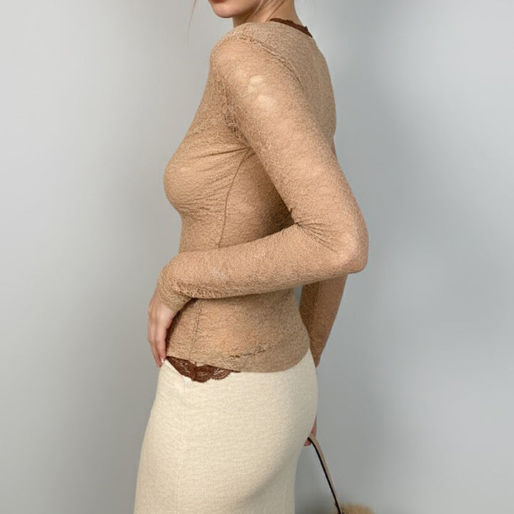 Damen Transparentes Spitzen-Bodyshirt mit V-Ausschnitt und figurbetonter Taillennaht Echo Archiv