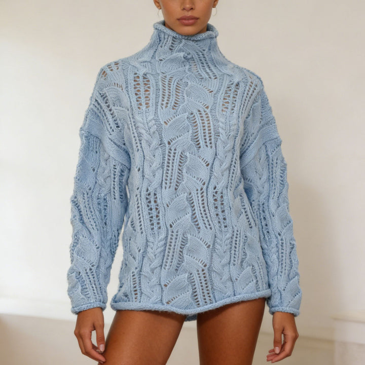 Damen Oversize Rollkragenpullover mit Ajour‑Zopfmuster – Mavelle